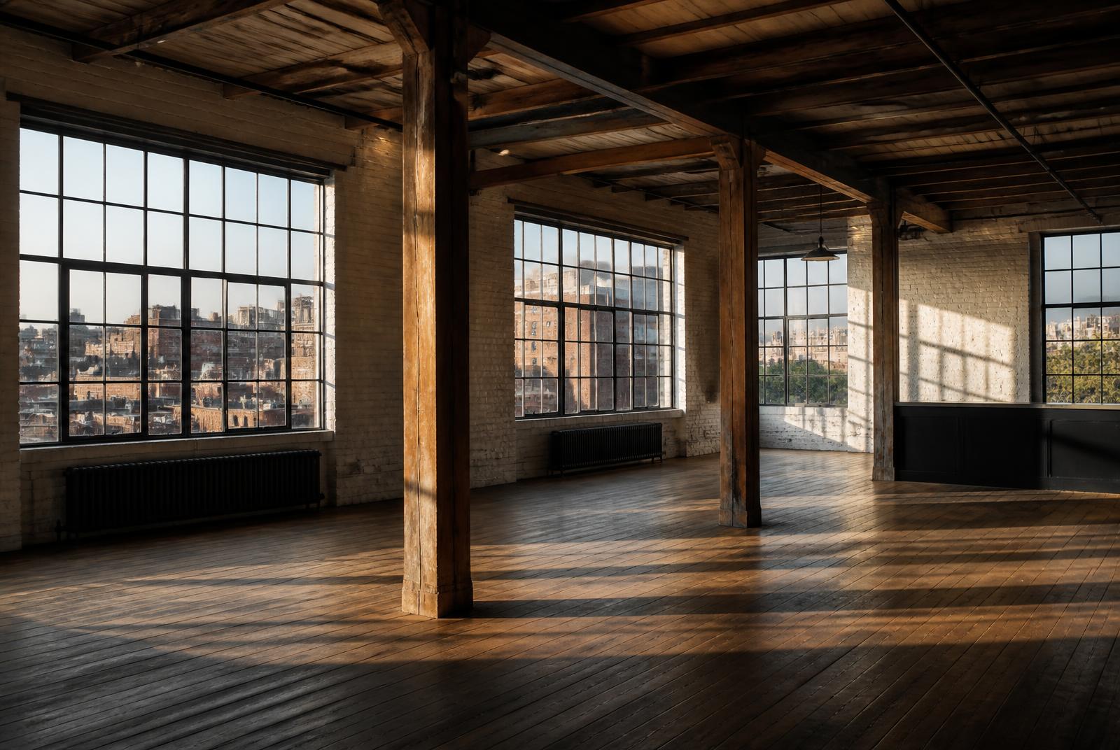 Clinton Hill loft interior — brick walls, arched windows, timber columns